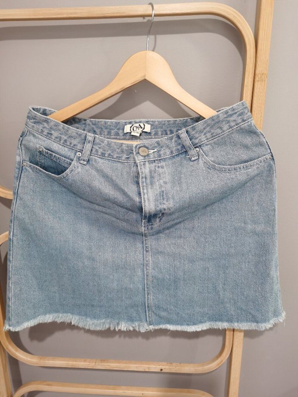 C&A Light Wash Frayed Denim Mini Skirt | Size XL